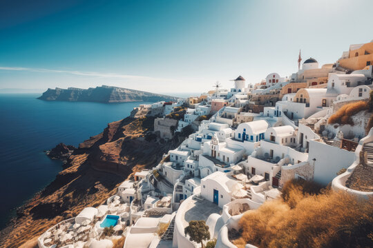 Santorini travel destination. Sunny day on the beach with beautiful view. Generative AI