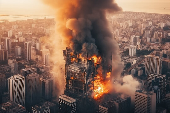 bird's eye view of a destroyed burning building with fire flames smoke and smoke in a big city, skyscraper in the middle of a city, fictional place and happening