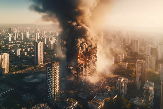 bird's eye view of a destroyed burning building with fire flames smoke and smoke in a big city, skyscraper in the middle of a city, fictional place and happening