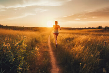 Woman enjoys running outside with beautiful summer evening rays of sun. Sunset over fields and sporty woman. Generative AI