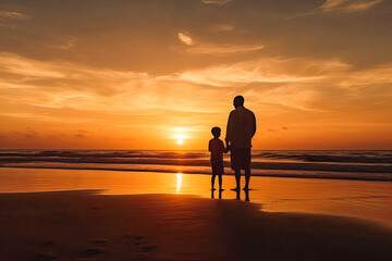 Fototapeta premium Father and son on beach during sunset. Father holding hands with child looking at rays of sun. Generative AI