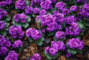a bunch of purple flowers in a bed of dirt, generative ai