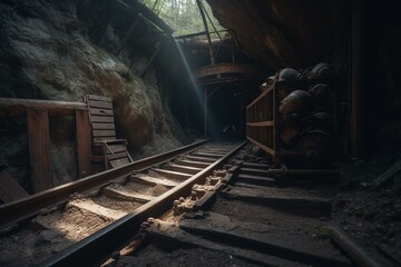 Fototapeta na wymiar Old deserted mine shaft with tracks beneath the surface. Generative AI