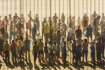 abstract, people at a high fence, at a fictional border or border crossing, refugees or immigrants standing in an endless queue or row along the fence, fictional place - obrazy, fototapety, plakaty