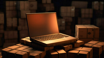 An empty crate of cardboard boxes is on a laptop keyboard