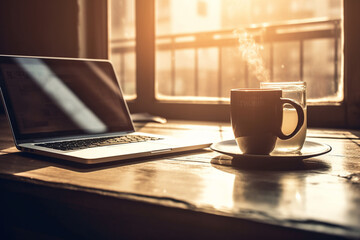 Hot cup of morning coffee inside a room with laptop. Cozy relaxing environment to enjoy an espresso and work. Ai generated