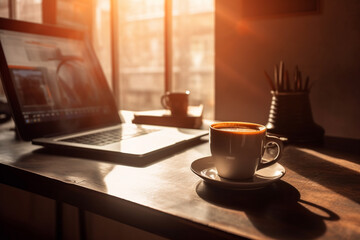 Hot cup of morning coffee inside a room with laptop. Cozy relaxing environment to enjoy an espresso and work. Ai generated
