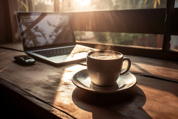 Hot cup of morning coffee inside a room with laptop. Cozy relaxing environment to enjoy an espresso and work. Ai generated - 601196276