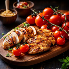 Grilled chicken with tomatoes on a wooden cutboard. Created using generative AI tools.