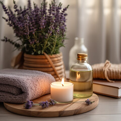 Fototapeta na wymiar Spa still life with lavender plants and candles