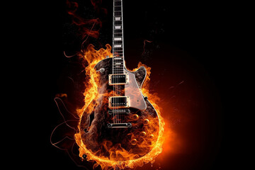 Rock guitar on fire isolated on black background. Ai generated