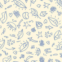 Vector hand drawn eye doodles seamless pattern on yellow background. Modern website backdrop, wallpaper, textile print design. Minimal scandinavian style