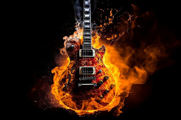 Rock guitar on fire isolated on black background. Ai generated - 601196635