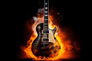 Rock guitar on fire isolated on black background. Ai generated