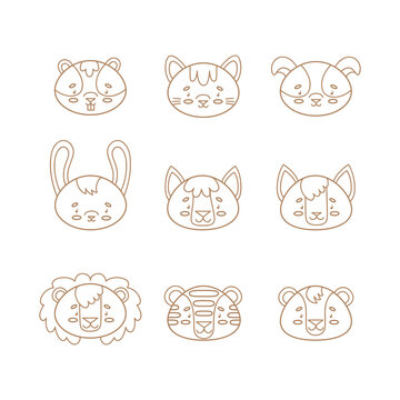 Set of vector animal faces in cartoon style. Cute smiley dog, cat, wolf, hare, fox, beaver, tiger, lion, bear. Cute animal faces. Hand drawn icon characters. Vector illustration.