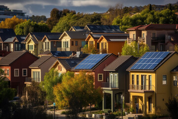 Fototapeta na wymiar Neighborhood with beautiful houses and solar panels. Ai generated