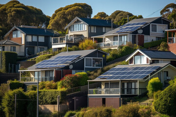 Neighborhood with beautiful houses and solar panels. Ai generated