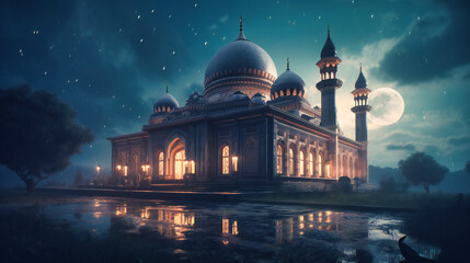 A Eid Islamic mosque with the crescent above it