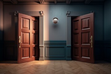 Opposing doors representing logic and intuition as decision options in a 3D illustration. Generative AI