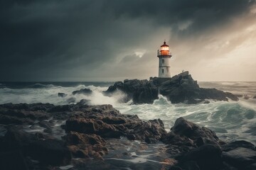 Fototapeta na wymiar A lighthouse stands on rocky shore with stormy sky and lightning in the background. Generative AI