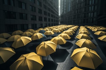 Yellow umbrella above gray umbrellas on urban backdrop. Safety and enterprise theme. Generative AI
