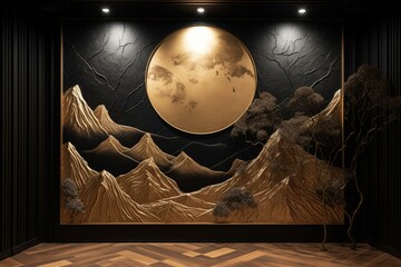 3D wall art with dark golden mountains, trees, and moon set against a dark black wood background. Generative AI
