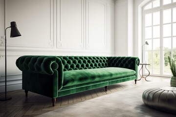 Contemporary lounge with green couch against plain white wall. Generative AI