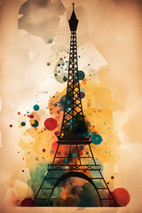 Abstract Poster of the Eiffel Tower with Vibrant Colors in Geometric Shapes - generative AI
