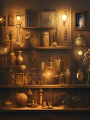 Fototapeta na wymiar shelves cluttered with mysterious antique objects jars and pictures illuminated by a dim glowing lamp. generative ai
