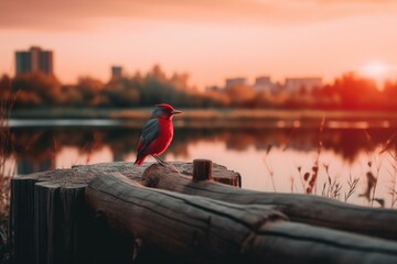 Red bird perched on a log with sunset over lakes. Generative AI