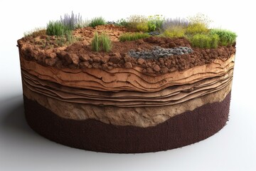3D illustration of a circular section of soil layer isolated on white background. Generative AI