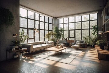 Minimalist and cozy interior with comfy seating, decor, and ample natural light. Generative AI