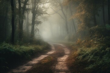A misty forest road. Generative AI