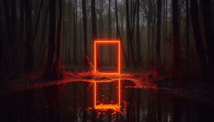 Mystical glowing neon creepy square frame or portal over water or lake in the forest, AI generated