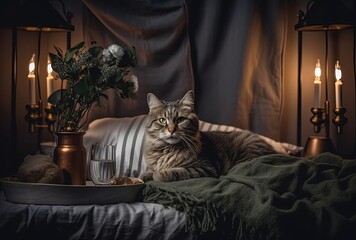 a cat on a bed as a bed and breakfast, generative ai