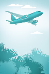 Abstract illustration airplane flying over tropical trees