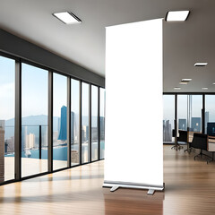 Rollup banner standee mockup in office background. AI Generative