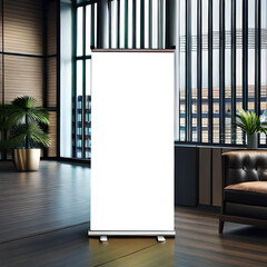 Rollup banner standee mockup in office background. AI Generative