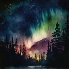 Illustrations of aurora borealis in the forest. Generated AI