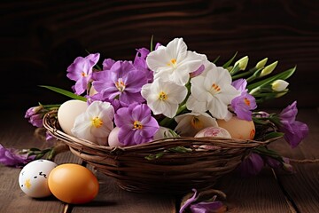 wicker basket filled with fresh eggs next to blooming purple flowers Generative AI