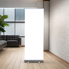 Rollup banner standee mockup in office background. AI Generative
