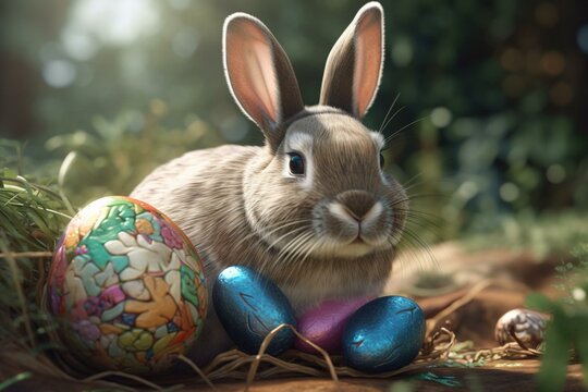 Cheerful Easter wishes, bunny courier, adorable rabbit with bright egg, computer-generated art. Generative AI