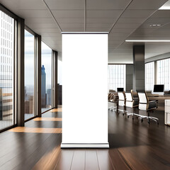 Rollup banner standee mockup in office background. AI Generative