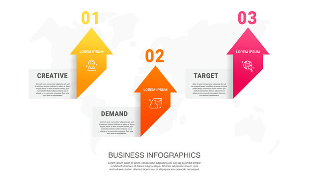 Vector modern infographics with 3 arrows and icons. Concept graphic process template with three steps and symbols. Timeline for the business project, graph, chart, diagram, finance, statistics