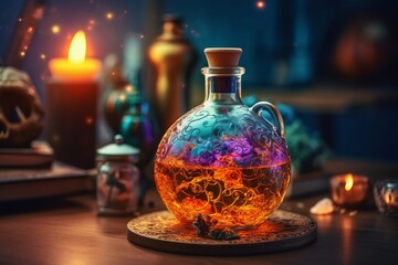 Obraz na płótnie Canvas Colorful Witchcraft Poison Potion on Table, Generative AI