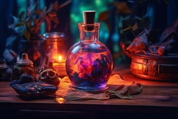 Obraz na płótnie Canvas Colorful Witchcraft Poison Potion on Table, Generative AI