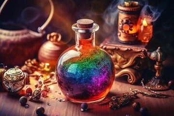 Colorful Witchcraft Poison Potion on Table, Generative AI