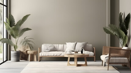 Fototapeta premium modern living room interior with beige wall, gray and wooden furniture and tropical plants with palm leaves.