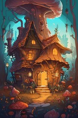 Obraz premium cartoon illustration, wizard house in the fairy forest, ai generative