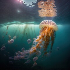 a view of a jellyfish with tentacles, from underwater in the sea, created with generative ai tools
